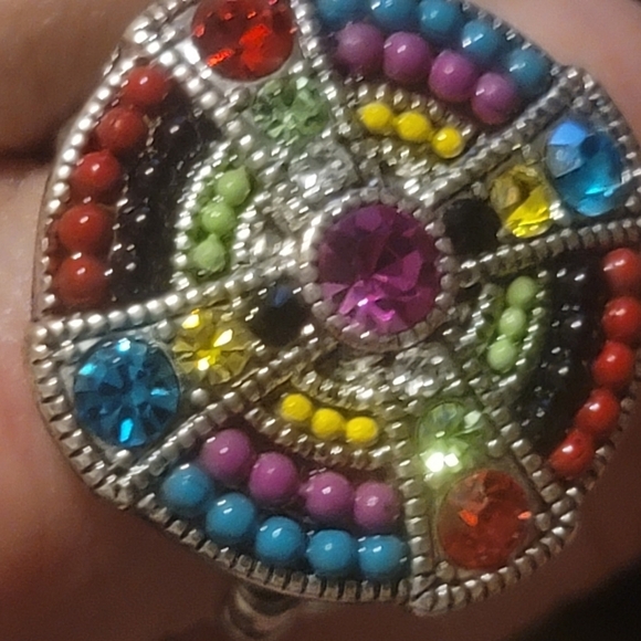 Antique ring SILVER TONE ENAMEL PASTEL GLASS VICTORIAN ring stretch band - Picture 3 of 11